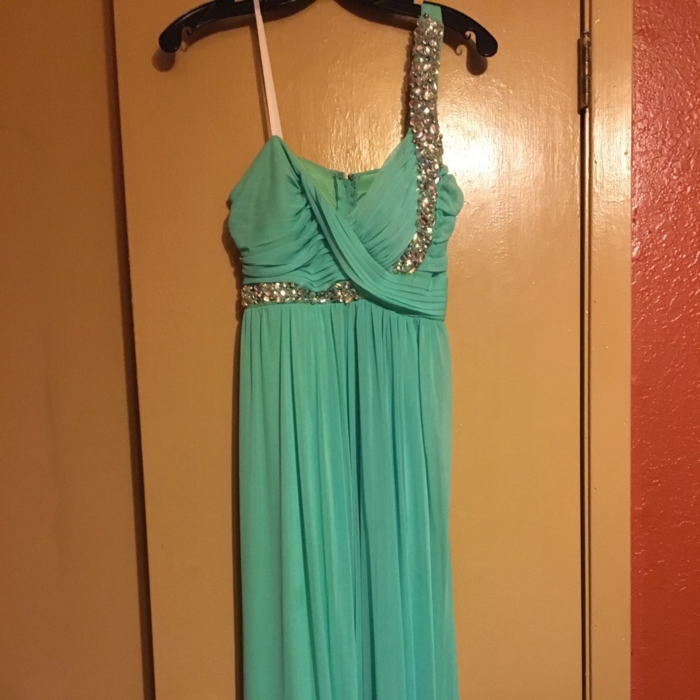 Sea foam/aqua one shoulder floor length dress